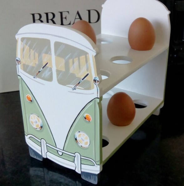 An egg holder made to look like a camper van